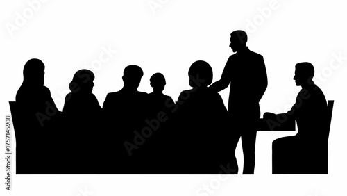 Silhouette illustration of a meeting with several people sitting and one person standing giving a presentation | editable eps vectors