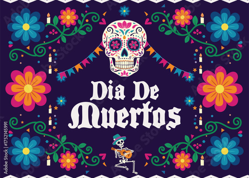 Dia de Muertos Mexican Day of the Dead festival background with gothic typography, skulls, skeletons, and floral decorations, perfect for greeting cards, invitations, posters, and banners.