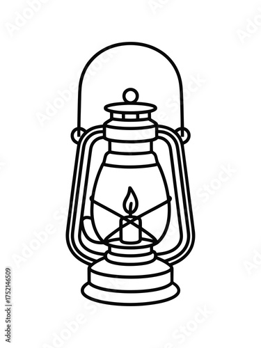 Vintage kerosene lantern with a lit flame simple line art illustration on white background