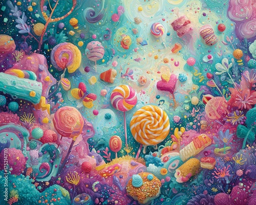 A whimsical candy-themed underwater world filled with colorful treats.