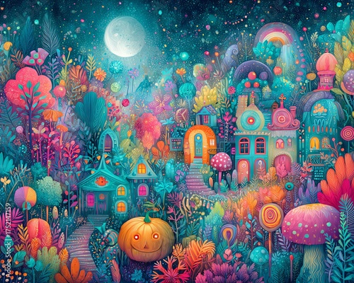 A whimsical village filled with colorful plants and glowing hues.