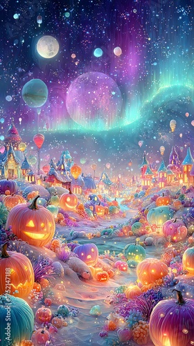 A whimsical Halloween scene with colorful pumpkins and stars.
