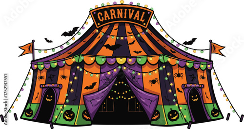 Halloween carnival tent illustration spooky circus design with bats and pumpkins perfect for holiday events and festive decorations