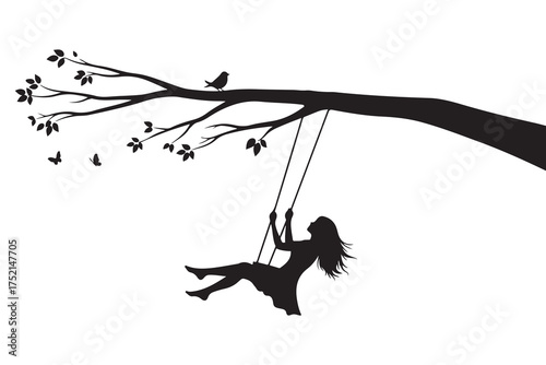 Black silhouette shows woman swinging happily from a leafy tree branch with butterflies