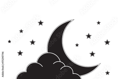 Black crescent moon peeks behind cloud with stars scattering throughout, transparent background