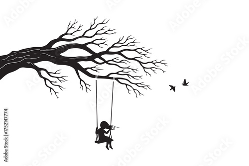 Silhouette depicts a woman swinging from a bare tree as two birds fly by