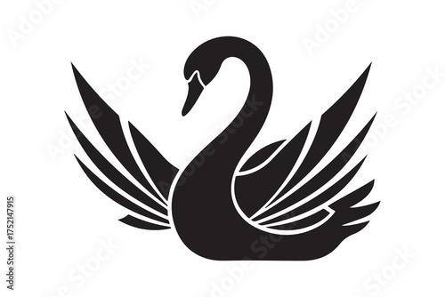Elegant swan displays magnificent wing feathers in a stylized black silhouette over white