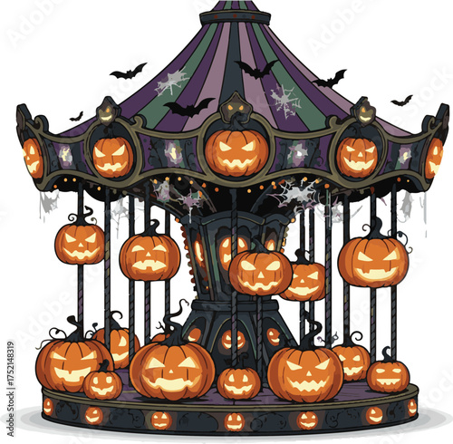 Halloween carousel with glowing pumpkin lanterns spooky illustration for holiday decoration isolated on white background