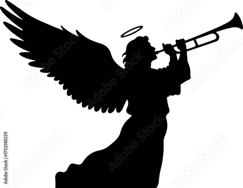 Silhouette of an angel with large wings playing a trumpet with a halo above its head