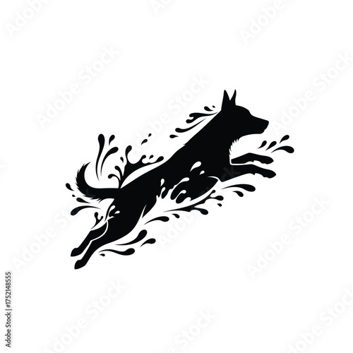 Dynamic dog jumping through water silhouette