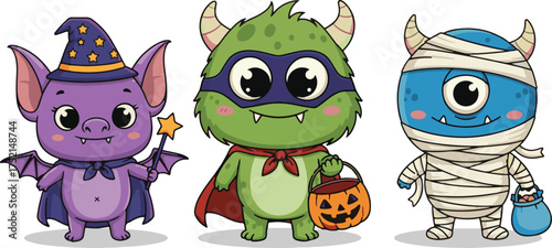 Cute Halloween monsters bat wizard superhero and mummy cartoon illustration for holiday designs and childrens content