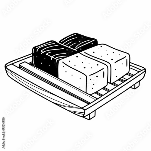 A sketch of four tofu cubes on a wooden tray, two are dark and two are light with small dots, isolated
