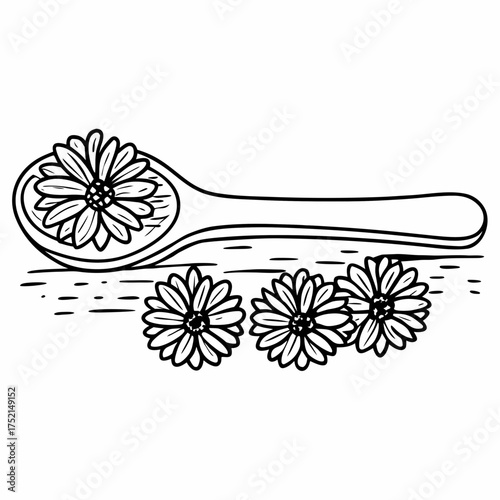Aesthetic outline illustration of flowers on a wooden spoon with three flowers below it on a surface