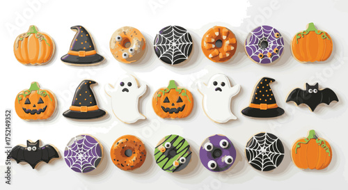 Assortment of Halloween-themed donuts and cookies festive treats with pumpkins ghosts bats and spiderwebs perfect for holiday celebrations