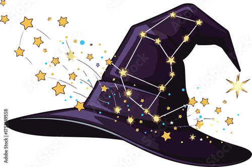Magic wizard hat with constellation and stars illustration for Halloween isolated on white background
