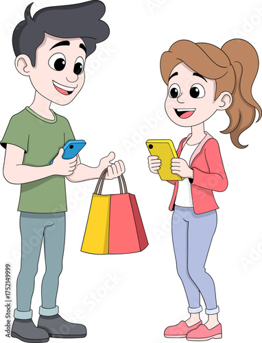 Cartoon Woman Ordering Online and Receiving Delivery