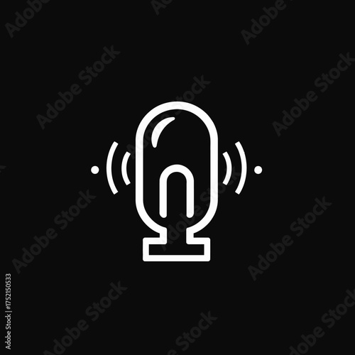 A minimalist white microphone icon with sound waves on a black background.