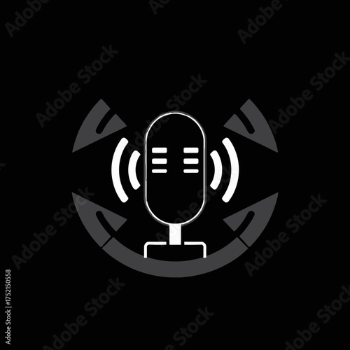 A stylized microphone icon emitting sound waves against a black background.