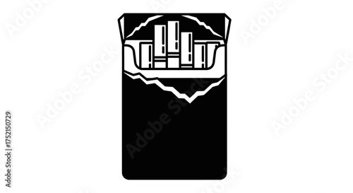 Black and white illustration of an open cigarette pack with cigarettes visible inside.