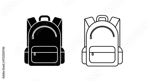 Two vector illustrations of backpacks, one black and one white, side-by-side.