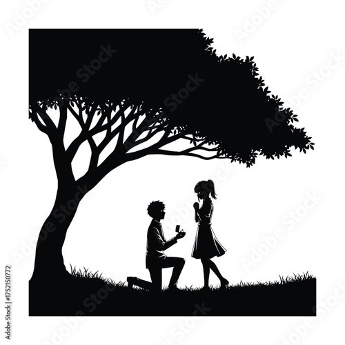 Man proposing to woman under a tree silhouette