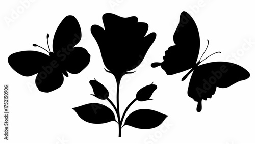 Silhouette of two butterflies flanking a rose with buds and leaves in a symmetrical arrangement
