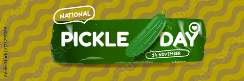 National Pickle day horizontal banner design template with text and pickled cucumbers isolated on green geometric pattern background. Pickle day flyer. 14 november national day of pickled cucumber