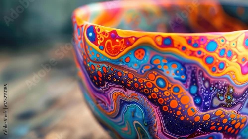 A colorful bowl sits on a wooden table, perfect for serving snacks or as a decorative centerpiece