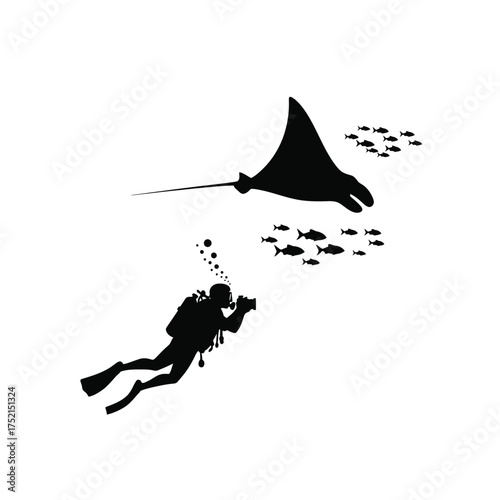 Scuba diver and manta ray silhouette
