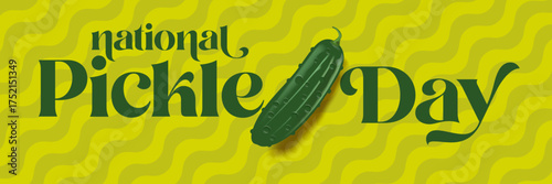 National Pickle day horizontal banner design template with text and pickled cucumbers isolated on green geometric pattern background. Pickle day flyer. 14 november national day of pickled cucumber