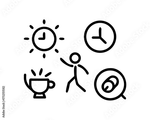 Morning routine icons featuring sun, clock, person, coffee, and magnifying glass