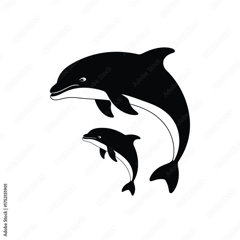 Fototapeta premium Two dolphins leaping together silhouette