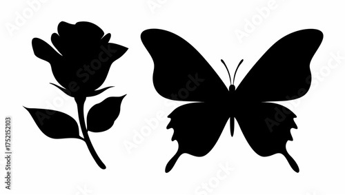 Silhouette of a rose flower with stem and leaves next to a butterfly with detailed wings design art 100