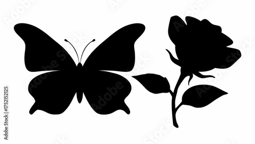 Silhouette of a butterfly with open wings next to a rose on a stem with leaves in black and white style