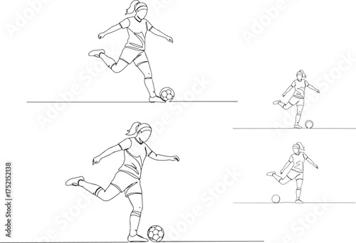 Continuous one line drawing of a female football striker kicking the ball to score a goal in a national stadium