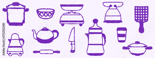 Hand drawn crayon style doodle vector icons set of kitchen and cooking tools