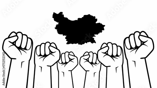 Raised fists under a black silhouette of a country map symbolizing solidarity and resistance movement created with generated ai 