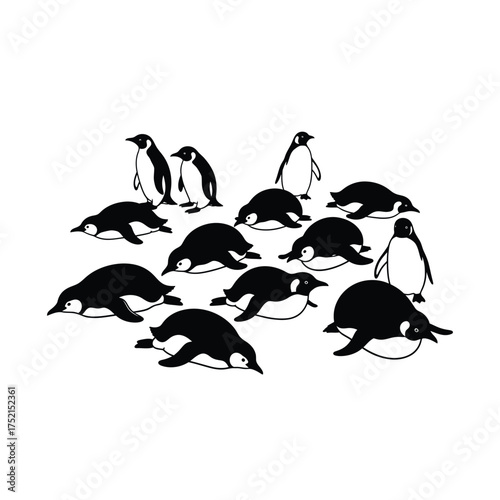 A group of penguins in silhouette