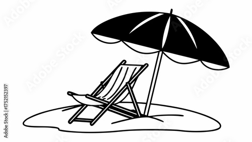 A beach scene with a beach chair and umbrella in black and white simple drawing style for relaxation time created with generated ai 