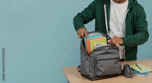 A young student packing his backpack with notebooks and school supplies on a desk. Preparing for college or a new semester. Back to school and education concept with copy space