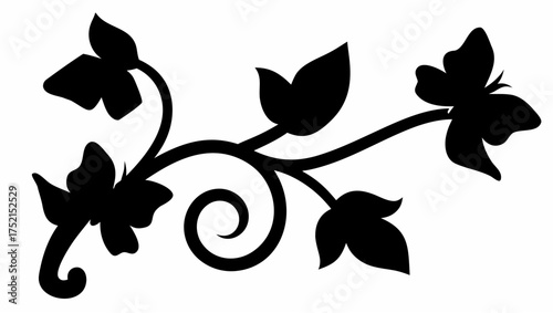 Silhouette of a decorative floral vine with leaves and a spiral curl design element in black and white color
