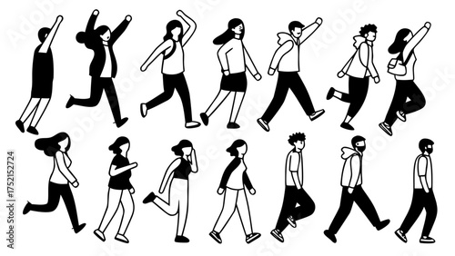 Stylized monochrome illustration of people walking and running in various poses and outfits created with generated ai 