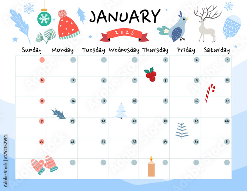 January 2026 table calendar week start on Sunday with holiday theme that use for horizontal digital and printable letter size