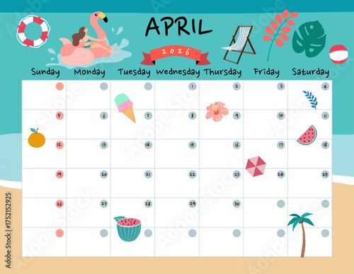 April 2026 table calendar week start on Sunday with holiday theme that use for horizontal digital and printable letter size