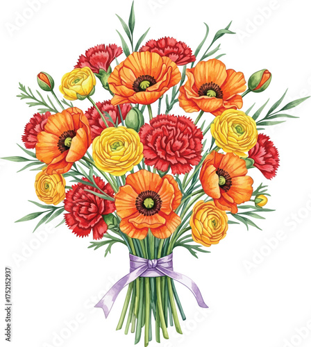 Vibrant Watercolor Bouquet: Poppies, Ranunculus & Carnations Illustration