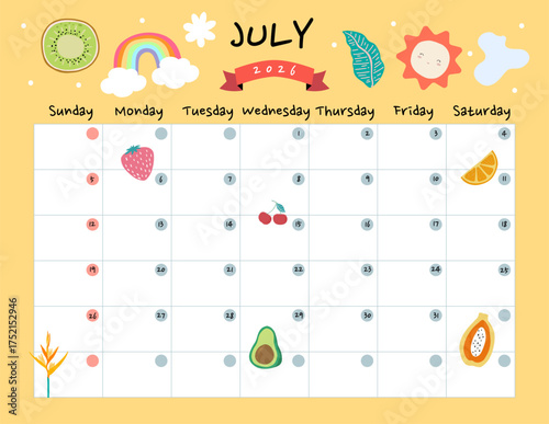 July 2026 table calendar week start on Sunday with holiday theme that use for horizontal digital and printable letter size