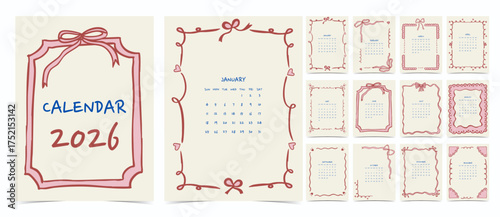 2026 table calendar week start on Sunday with coquette theme that use for horizontal digital and printable letter size