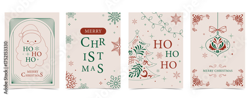 Minimal art deco with christmas tree, Santa claus,ho ho ho  outline.vector illustration for Christmas party invitation card, postcard, menu ,print, social media template