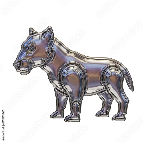 A highly detailed three-dimensional digital rendering of a metallic, robotic canine creature with intricate segmented limbs and a reflective polished