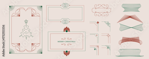 Minimal art deco with christmas tree,bauble,wreath,border outline.vector illustration for Christmas party invitation card, postcard, menu ,print, social media template